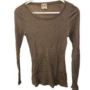 Haute Hippie brown ribbed ultra fine slim v-neck long sleeved top shirt S